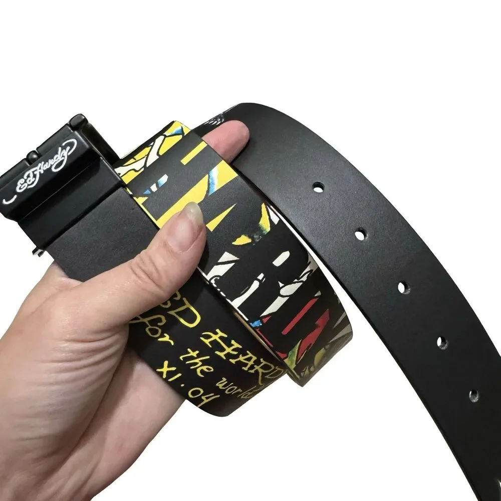 NWT Ed Hardy Men's Sz 40 Reversible Black Leather Belt Dragon Heart Skull Tattoo